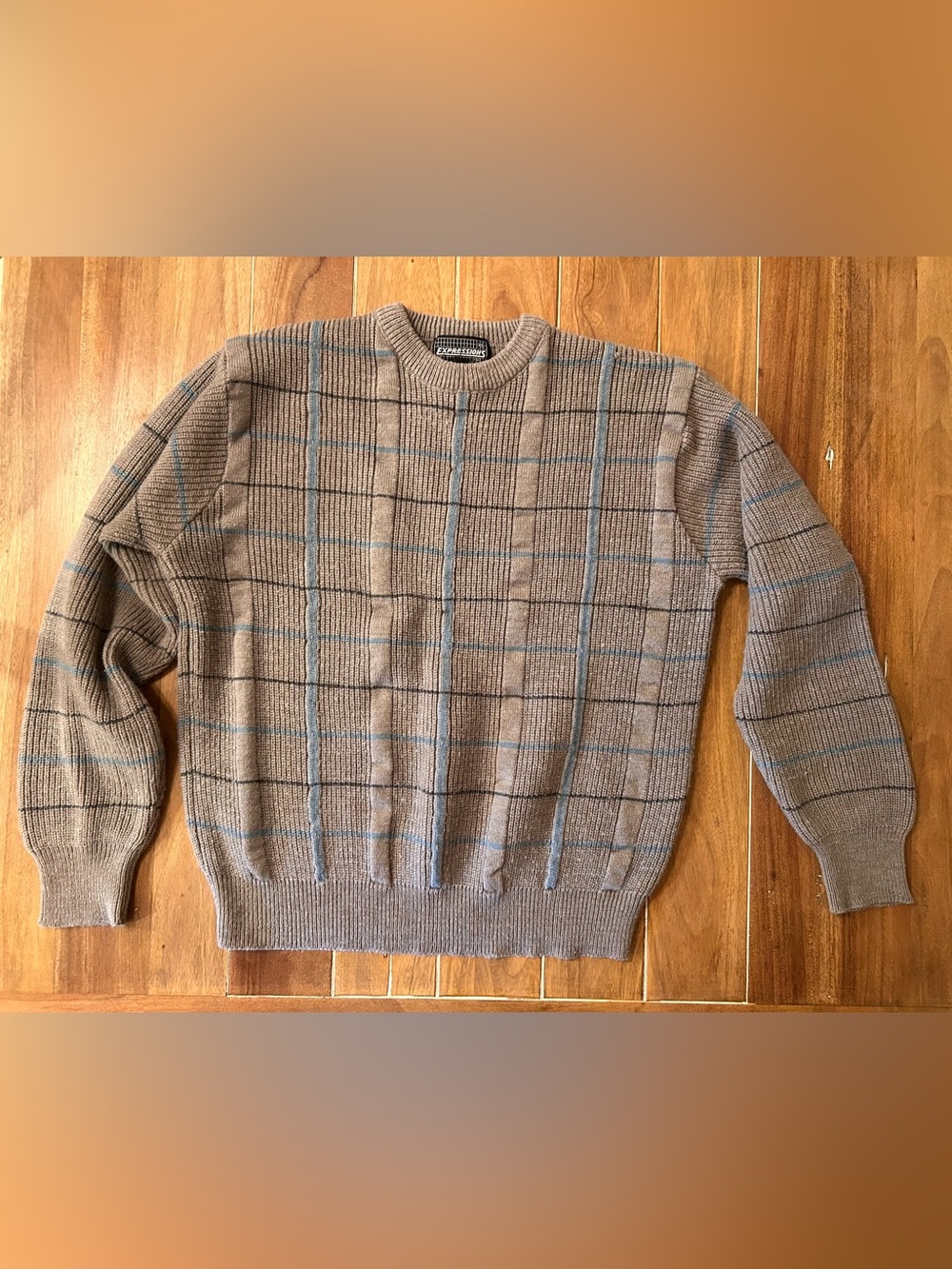 Vintage Expressions Mens XL Grandpa Sweater Brown Blue Windowpane Plaid Crewneck